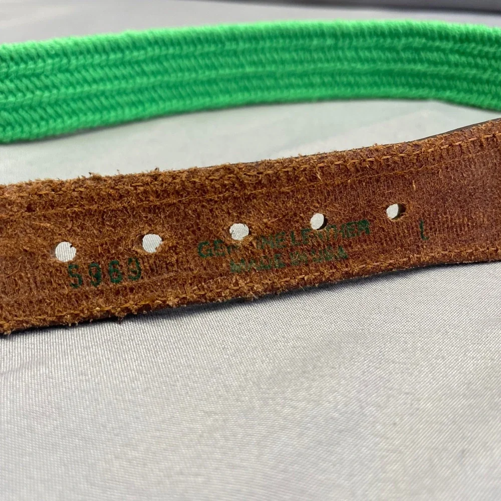 Vintage‎ Kelly Green Woven Belt Mens Womens Large Leather Trim Brass Buckle USA